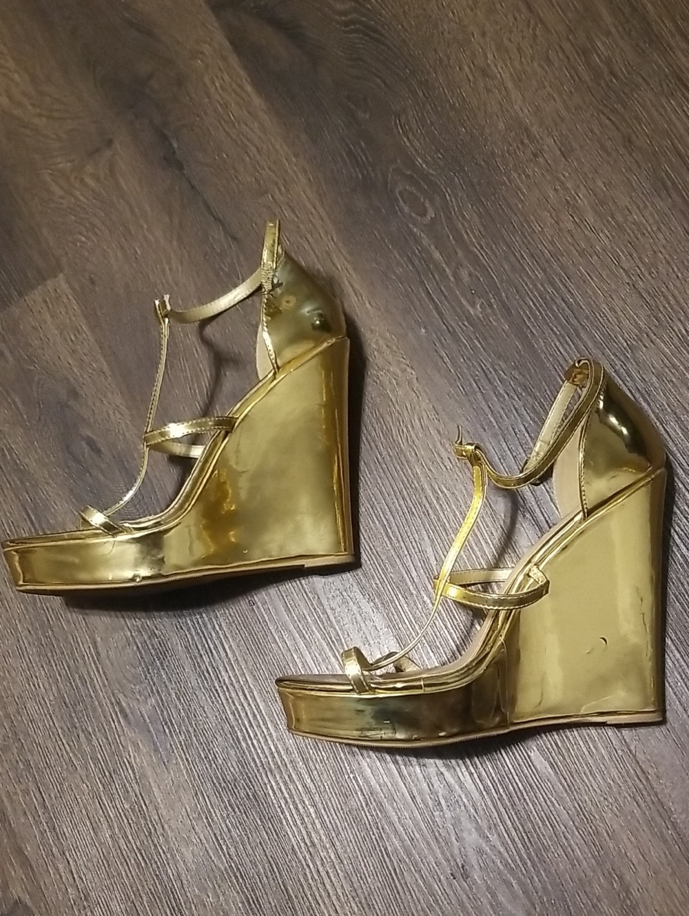 Gold Wedge Sandals for Women - Strappy Metallic Platform - Picture 4 of 12